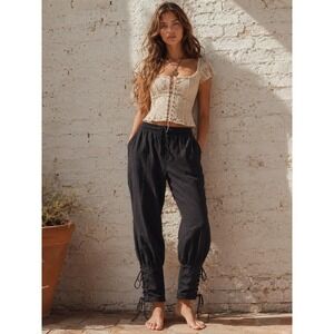Vintage Black Linen Cotton Lace Up Ankle Pirate Renaissance Pants XL